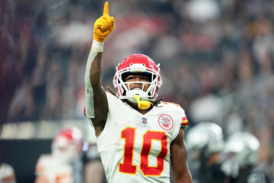 LAS VEGAS, NEVADA - JANUARY 07: Isiah Pacheco #10 of the Kansas City Chiefs celebrates after rushing for a touchdown against the Las Vegas Raiders during the fourth quarter of the game at Allegiant Stadium on January 07, 2023 in Las Vegas, Nevada. (Photo by Chris Unger/Getty Images)