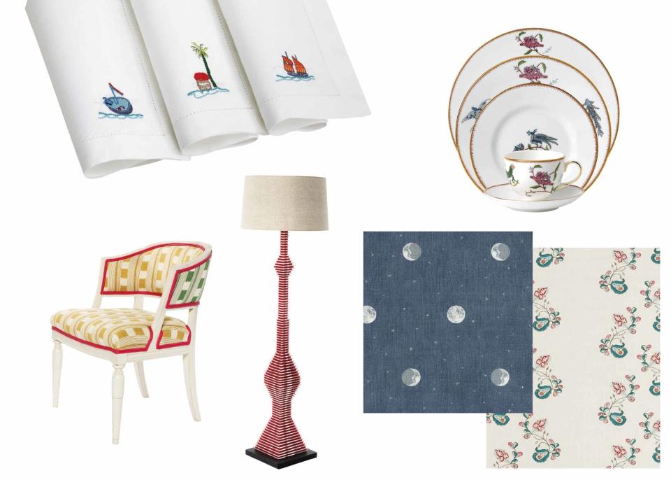 Top row (L-R): Sailor's farewell table linens; Wedgwood mythical creatures china. Bottom row (L-R): Side chair; A floor lamp from her Bergdorf Goodman pop-up; Over The Moon fabric for Andrew Martin; Psycho Sprig fabric for Andrew Martin.