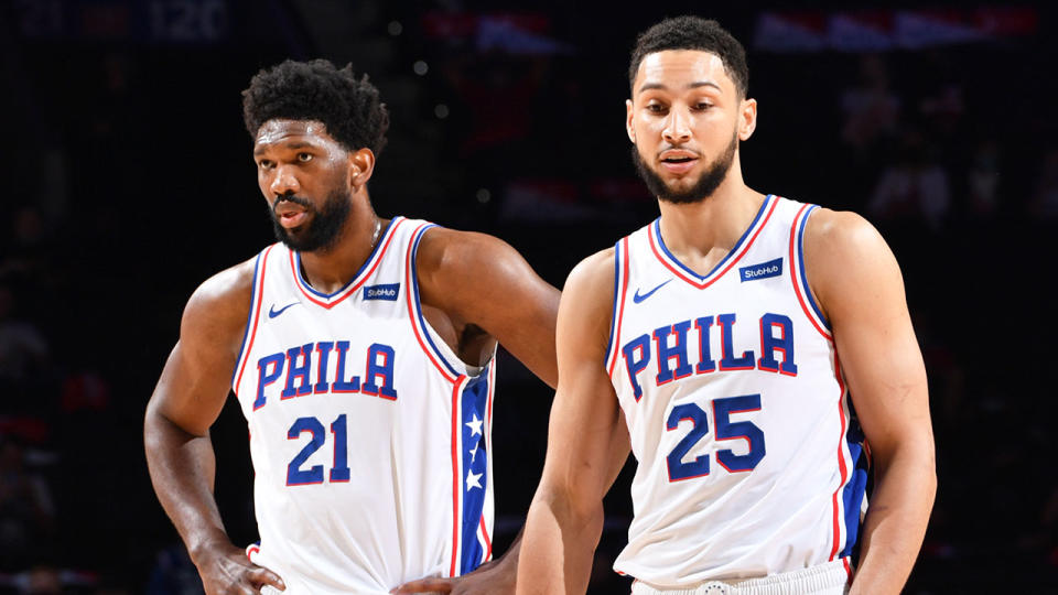 On the left is Joel Embiid alongside former Sixers teammate Ben Simmons.