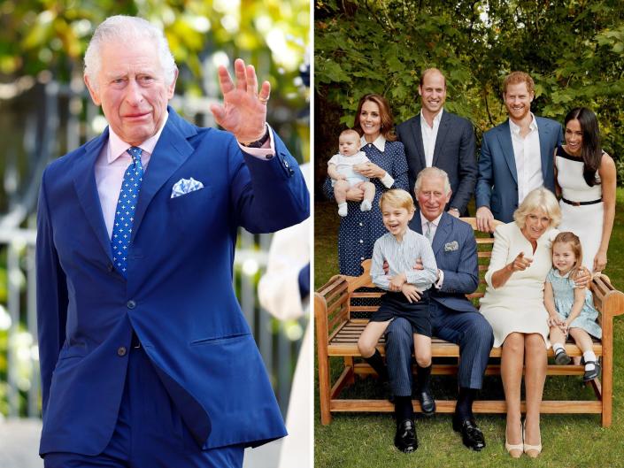 Left: King Charles waves. Right: A family portrait for Charles' 70th birthday taken in 2018.