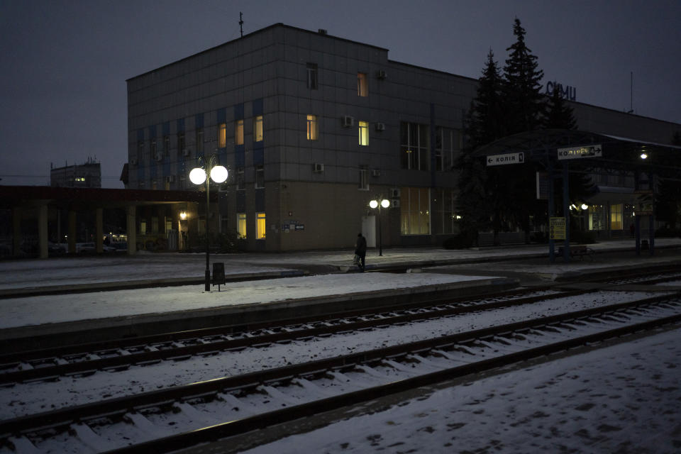 A view of an empty platform at the railway station after an evacuation train had departed in Sumy, Ukraine, Thursday, Nov. 23, 2023. An average of 80-120 people return daily to Ukraine from territories held by Russia through an unofficial crossing point between the two countries amid a brutal war. Most choose this challenging path, even in freezing temperatures, to escape Russian occupation and reunite with their relatives in Ukraine. (AP Photo/Hanna Arhirova)