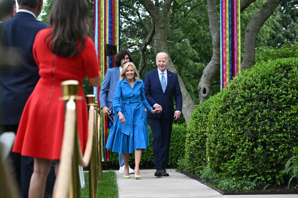 US President Joe Biden and First Lady Jill Biden arrive to host a Cinco de Mayo reception in the Rose Garden of the White House in Washington, DC, on May 6, 2024. (Photo by ANDREW CABALLERO-REYNOLDS / AFP) (Photo by ANDREW CABALLERO-REYNOLDS/AFP via Getty Images)