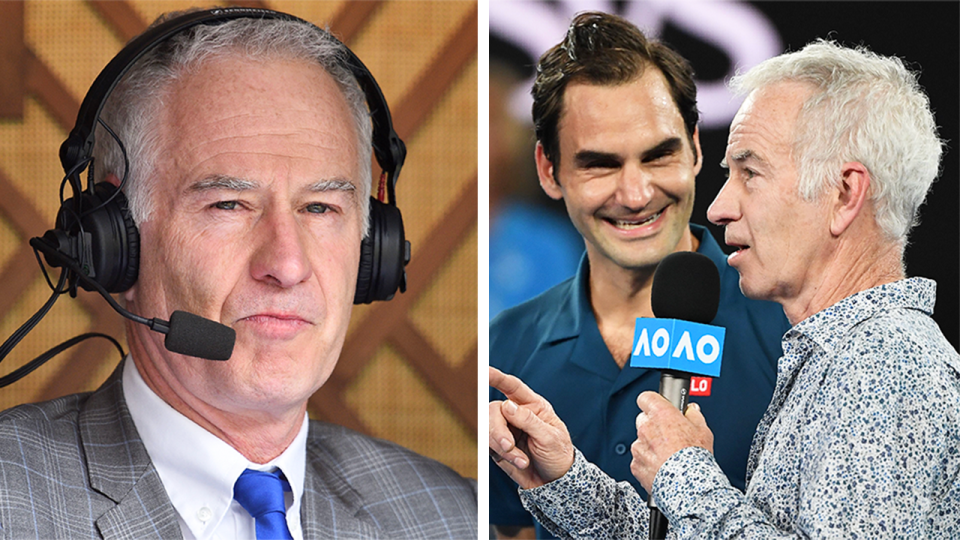 John McEnroe (pictured left) during commentary and (pictured right) McEnroe interviewing Roger Federer.