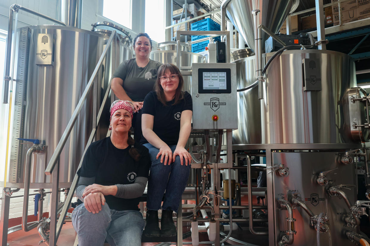 The staff at Bell Tower gathered to brew a beer in honor of International Women's Day. From top to bottom: Bell Tower co-founders Jenna Morgan and Bridget Tipton, and Jennifer Hermann, co-founder and head brewer.