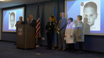 Officials gather for a news conference in Philadelphia, Thursday, Dec. 8, 2022. Nearly 66 years after the battered body of a young boy was found stuffed inside a cardboard box, Philadelphia police have revealed the identity of the victim in the city's most notorious cold case. Police identified the boy as Joseph Augustus Zarelli. (AP Photo/Matt Rourke)