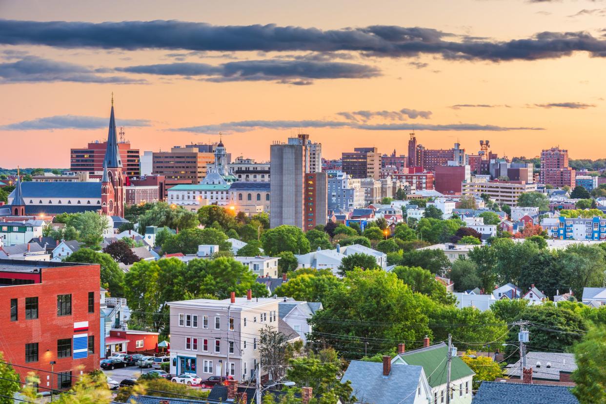 Portland, Maine, USA downtown city skyline at dusk.