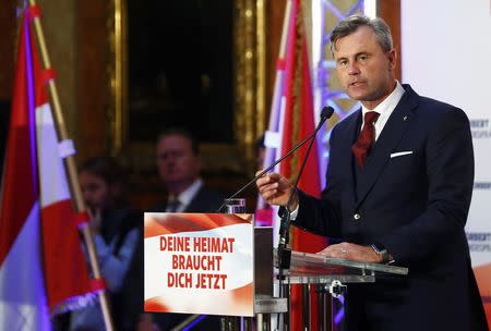 Austrian presidential candidate Norbert Hofer of the FPOe delivers a speech during his final election rally in Vienna, Austria, December 2, 2016. REUTERS/Leonhard Foeger