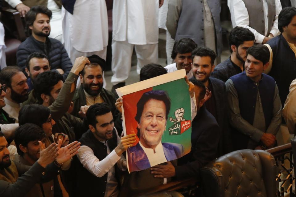 Supporters of convicted former prime minister Imran Khan attend the KPK provincial assembly oath-taking session of newly elected members, in Peshawar, Pakistan (EPA)