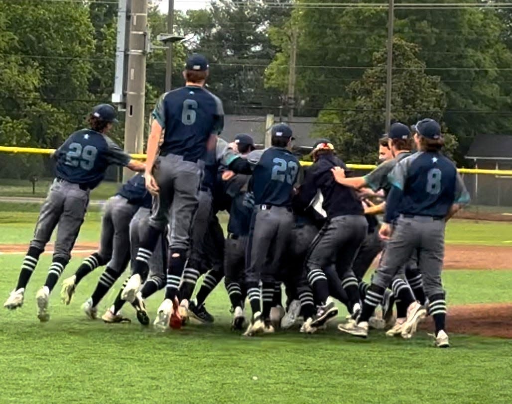 Siegel baseball players celebrate a 5-4 win over Cleveland in the Class 4A sectional series, which advanced the Stars to the TSSAA state tournament.