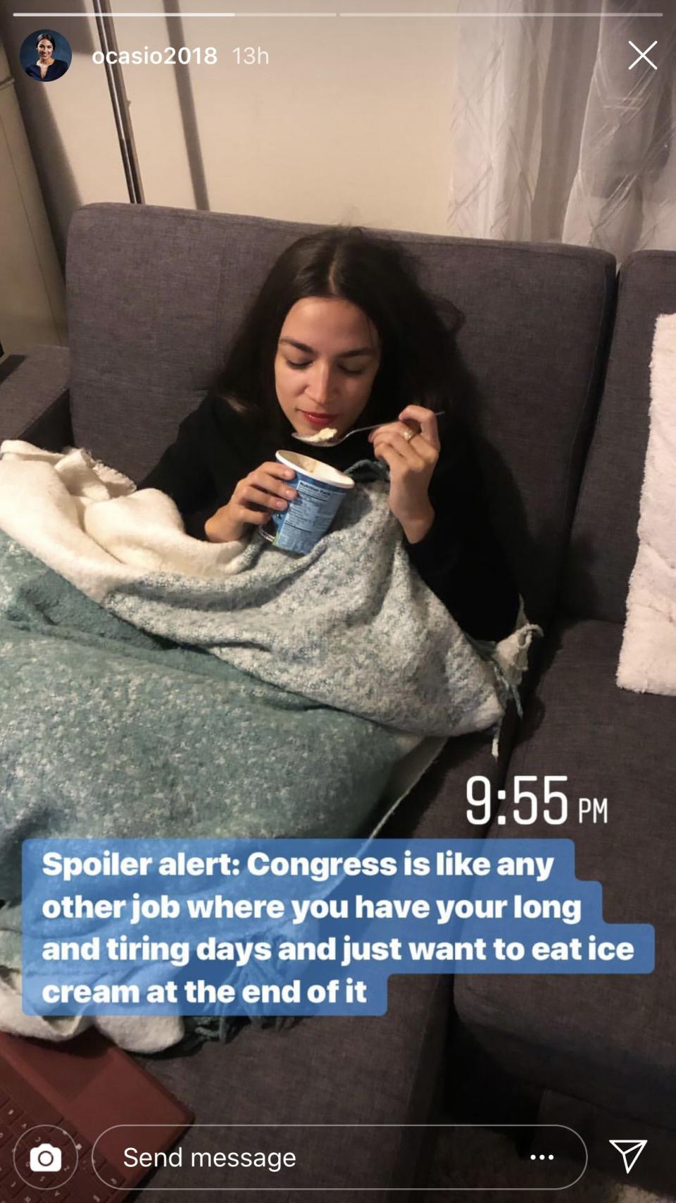 Ocasio-Cortez shares a glimpse into her post-work life on Instagram Story. (Photo: Instagram)