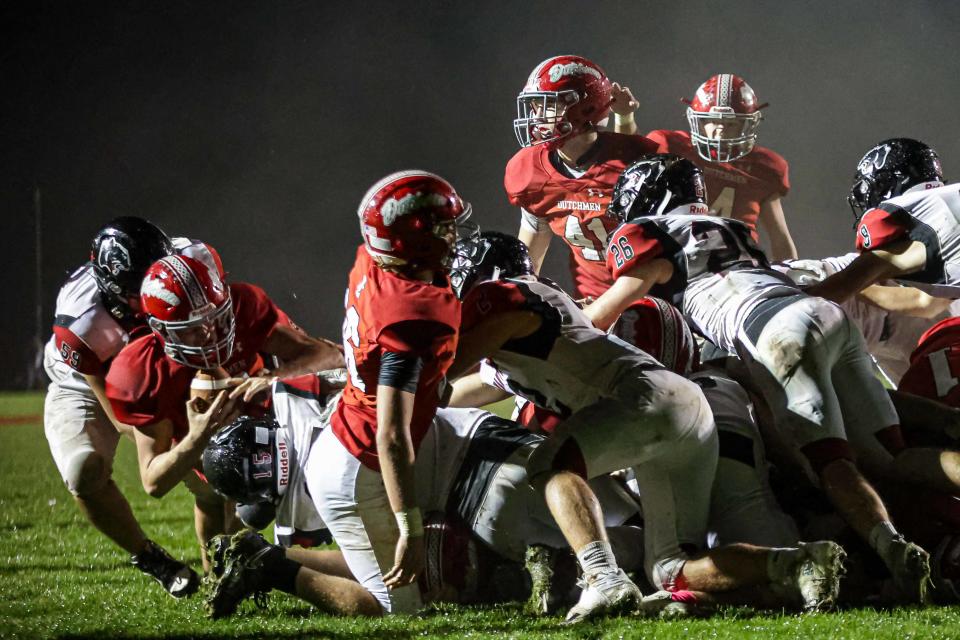 Cameron Connelly (16) scores a TD on a QB sneak. Annville-Cleona played host to the Schuylkill Valley Panthers in a LL League Football game on Friday October 20, 2023. Schuylkill Valley beat Annville-Cleona, 14-13.