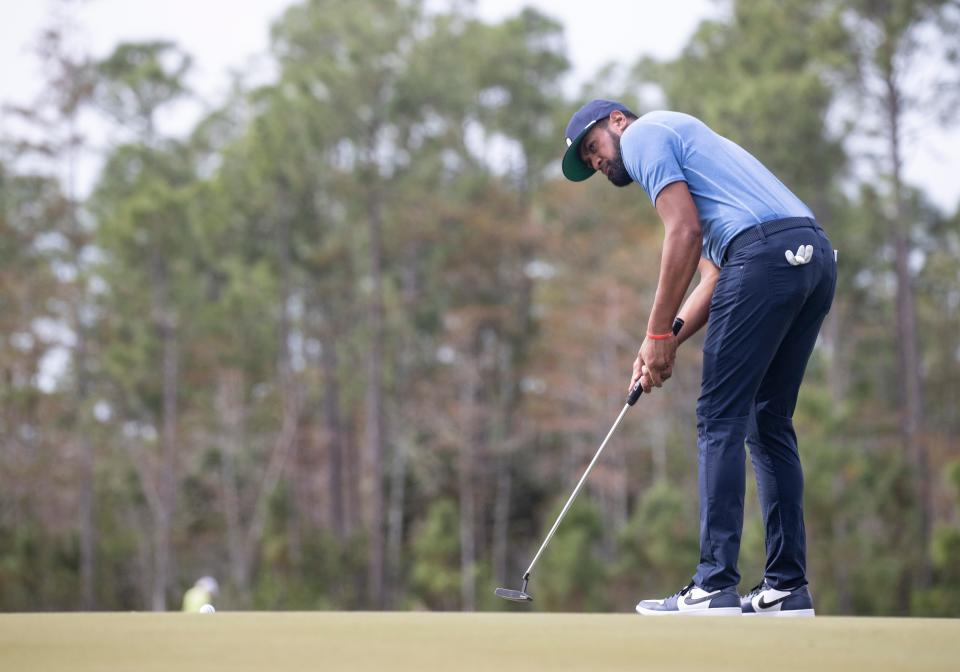Tony Finau putts on the first green at the Grant Thornton Invitational at Tiburon Golf Club in Naples on Friday, Dec. 8, 2023.