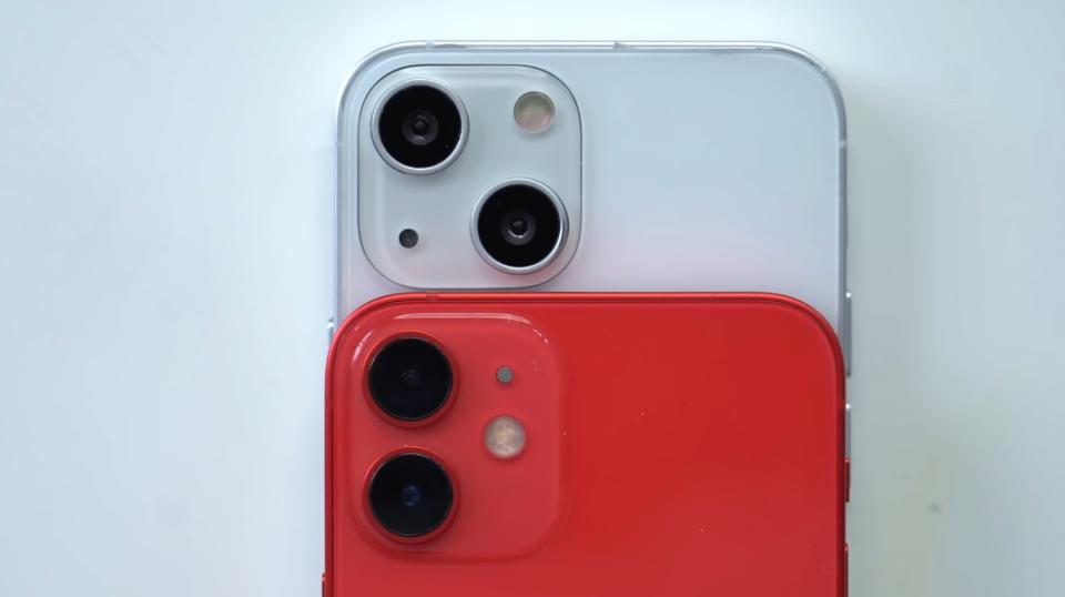 iPhone 13 dummy unit (white) vs. iPhone 12 (red). - Credit: MacRumors
