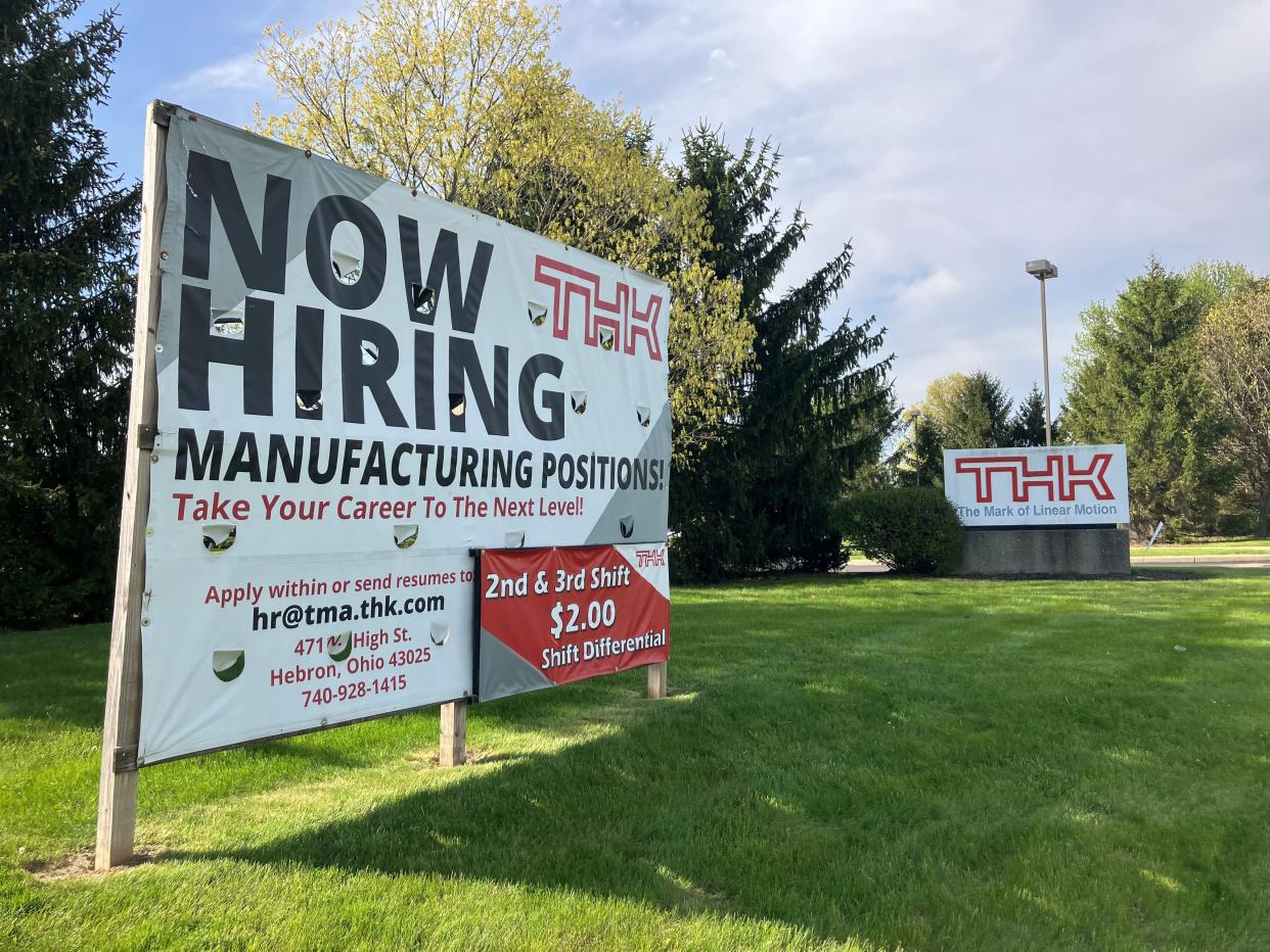 THK Manufacturing of America tells motorists driving on Ohio 79 there are jobs available inside.