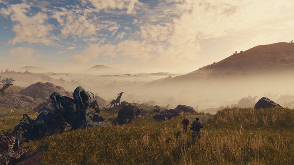 Starfield screenshot showing grassy hills under a blue sky with human and dinosaur-like creatures.