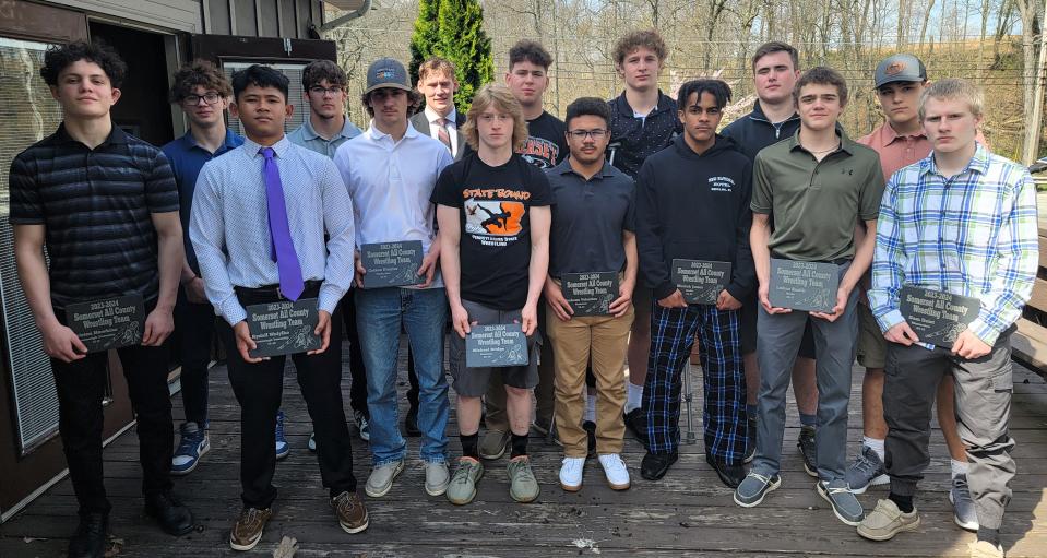 Members of the 2023-24 Somerset All-County Wrestling All-Stars are, front row, from left, Conemaugh Township's Tristen Hawkins and Rydell Walylko, North Star's Colton Frazier, Somerset's Michael Bridge and Deshonn Valentine, Berlin Brothersvalley's Moriek Jones and Lukas Smith, and Meyersdale's Sam Deist, back row, Somerset's Colin Wood and Logan Baker, Conemaugh Township's Colten Huffman, Somerset's Zane Hagans and Rowan Holmes, Berlin Brothersvalley's Trace Hay and Meyersdale's Cooper Porter at the Somerset All-County wrestling banquet, April 28, in Somerset. Absent from the photo was Meyersdale's Jared Geiger and Caleb Snyder and Berlin Brothersvalley's Grant Fisher.