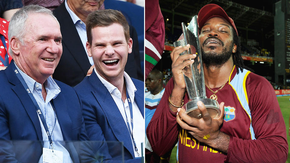 Pictured far left, Australian cricket great Allan Border and Chris Gayle celebrating the Windies 2016 T20 World Cup win on the right.