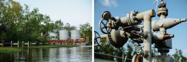 An oil well, pipelines and storage tanks sit in the middle of the swamp. (Photo: Bryan Tarnowski for HuffPost)