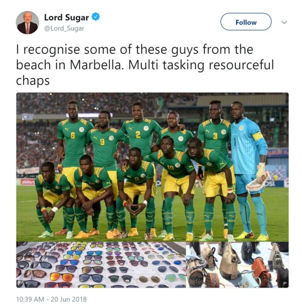 Lord Sugar’s tweet about the Senegal World Cup squad, which has since been deleted.