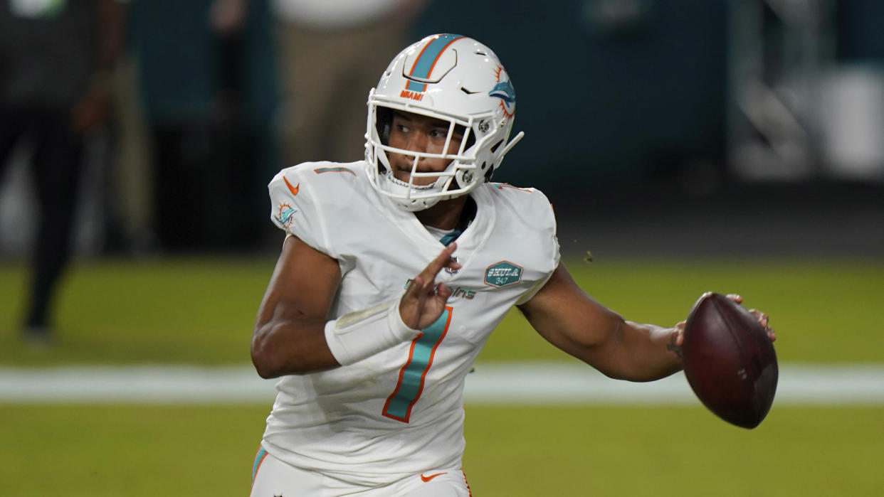 Tua Tagovailoa will reportedly make his first NFL start on Sunday for the Dolphins against the Los Angeles Rams. (AP Photo/Lynne Sladky)