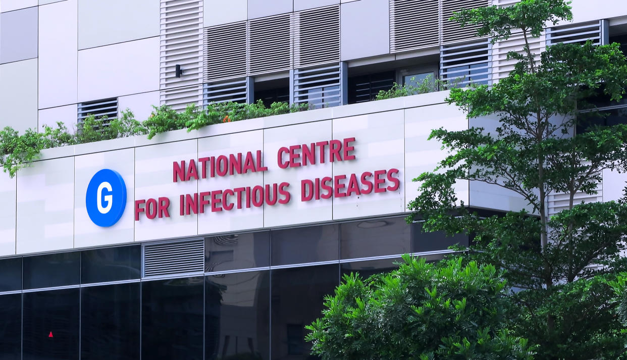 Singapore Jun2020 Covid-19. Singapore National Centre for Infectious Diseases NCID building exterior sign. Close up.