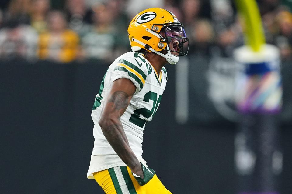 Rasul Douglas of the Green Bay Packers reacts after a defensive stop during the fourth quarter against the Las Vegas Raiders at Allegiant Stadium on Oct. 9, 2023 in Las Vegas, Nevada, on Oct. 9, 2023.