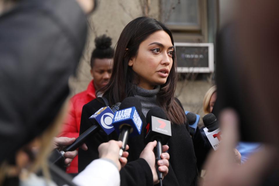 Model Ambra Battilana Gutierrez, pictured speaking after Harvey Weinstein’s 2020 trial, called the decision part of an ‘ongoing failure’ (Getty Images)