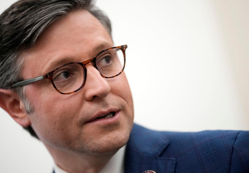 WASHINGTON, DC - OCTOBER 24: U.S. Rep. Mike Johnson (R-LA) leaves a House Republican conference meeting in the Longworth House Office Building on Capitol Hill on October 24, 2023 in Washington, DC.