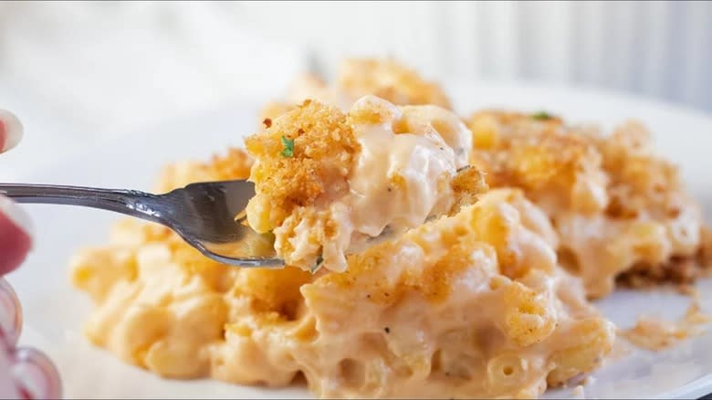 macaroni and cheese on fork