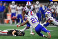 <p>Buffalo Bills strong safety Micah Hyde (23) (far right) makes a diving pass interception after the ball deflected off of Atlanta Falcons wide receiver Nick Williams (15) during the fourth quarter at Mercedes-Benz Stadium. Mandatory Credit: Dale Zanine-USA TODAY Sports </p>