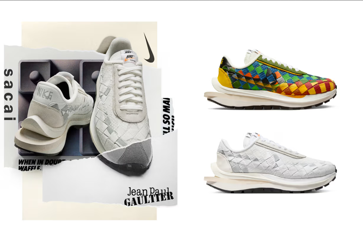 Nike x sacai golden combination is back: Jean Paul Gaultier tripartite sneakers, on sale today!