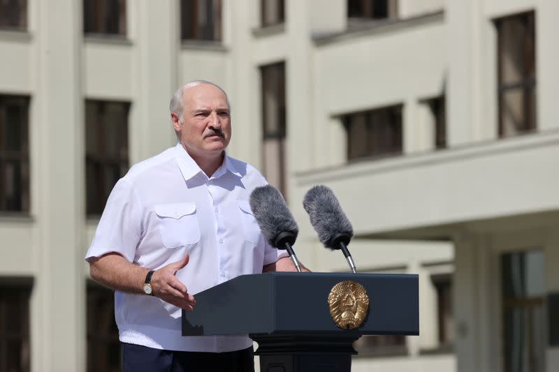 Belarusian President Lukashenko speaks during a rally of his supporters in Minsk