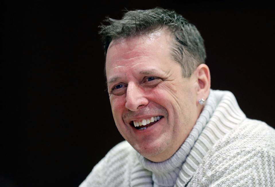 Patrick Dukeman of Copley laughs as he discusses the witty comedy in his ten-minute play titled “Shakespeare's Ladies Book Club” at Weathervane Playhouse, Monday, Jan. 8, 2024, in Akron, Ohio.