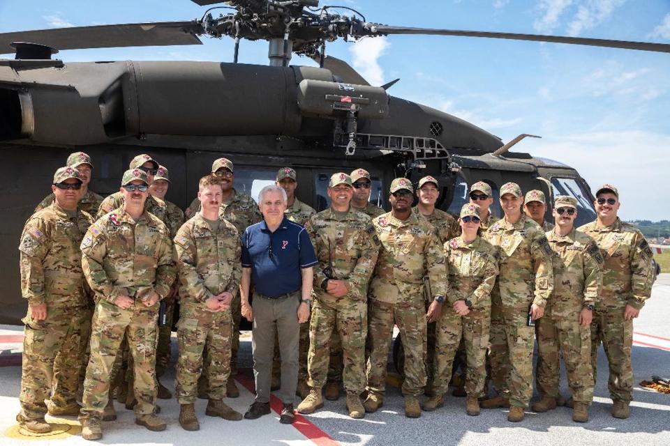 On a recent visit to Kosovo, U.S. Sen. Jack Reed visits with R.I. National Guard aviators from Company C (Medevac), 1/126th Aviation Battalion.