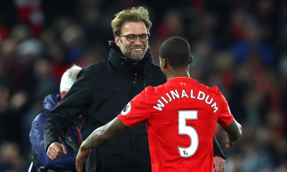 Georginio Wijnaldum and Jürgen Klopp celebrate victory over Manchester City in December 2016