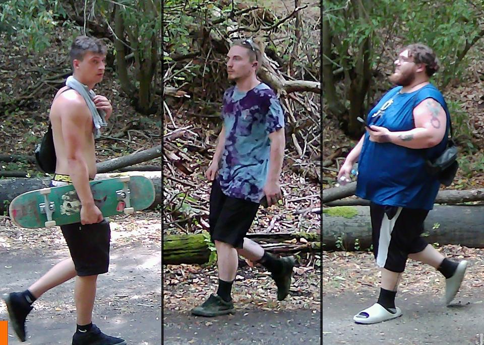 New Jersey State Police are seeking these men as suspects in the vandalism of a Hainesport sculpture.