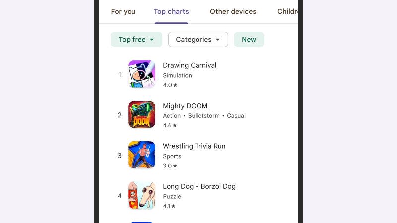 Android Google Play Store free game section screenshot
