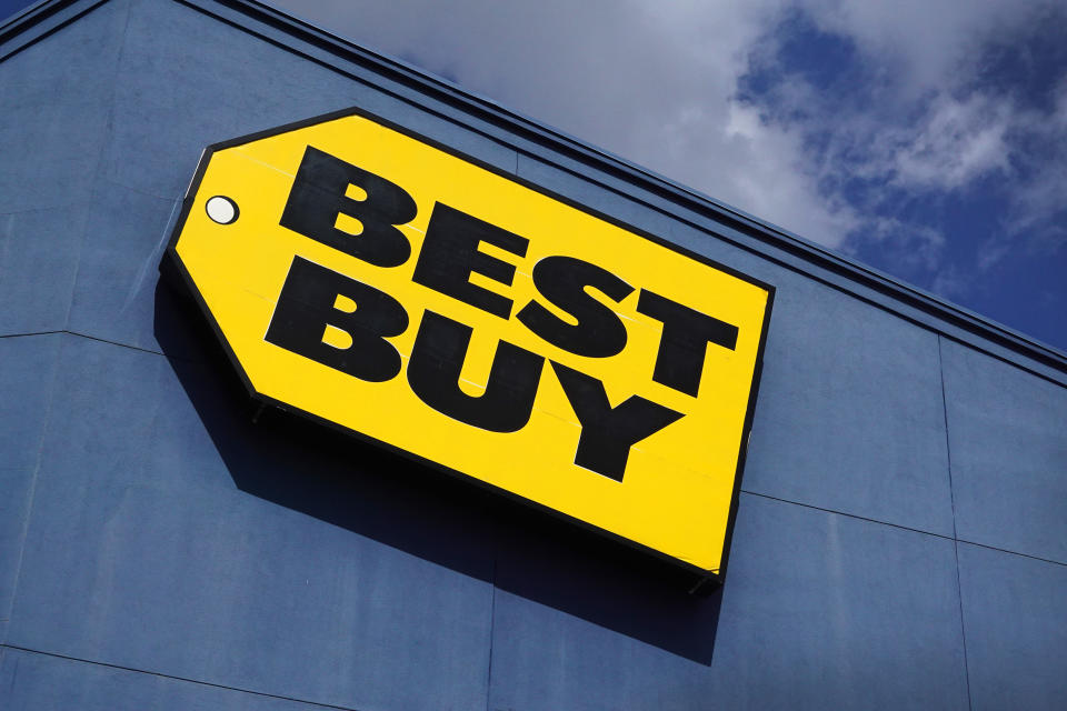 CHICAGO, ILLINOIS - AUGUST 30: A sign marks the location of a Best Buy store on August 30, 2022 in Chicago, Illinois. Best Buy today reported a 12.1% drop in sales for the second quarter compared to the previous year when consumers were outfitting their home offices to deal with pandemic related issues. (Photo by Scott Olson/Getty Images)