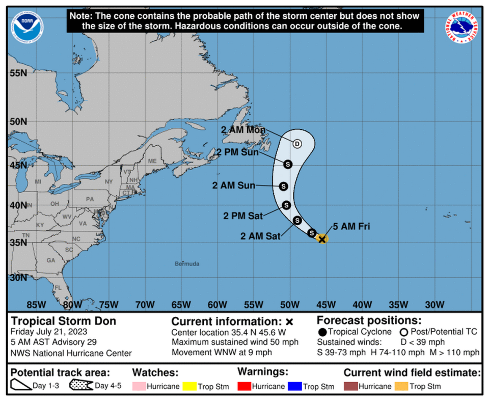Forecast cone for Tropical Storm Don in the National Hurricane Center’s 5 a.m. Friday, July 21, 2023, advisory.