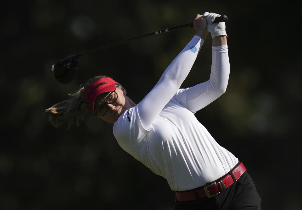 Brooke Henderson, of Canada, hits her tee shot on the 10th hole during the third round of the CPKC Women’s Open golf tournament Saturday, Aug. 26, 2023, in Vancouver, British Columbia. (Darryl Dyck/The Canadian Press via AP)