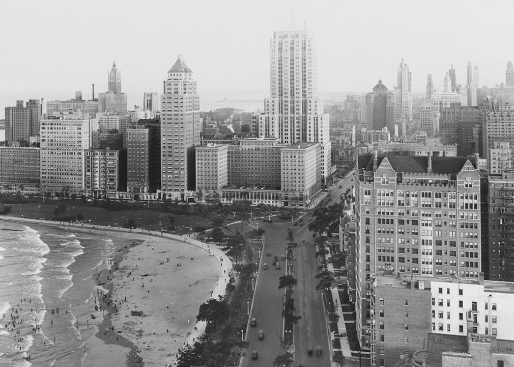 Chicago skyline toward North Michigan Avenue with Palmolive building at center.