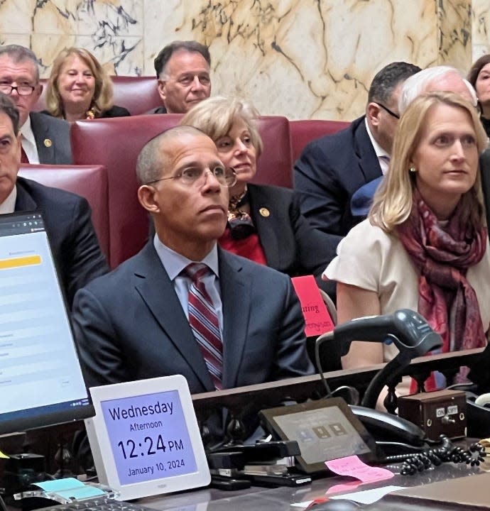Maryland Attorney General Anthony Brown, front left, sits next to Comptroller Brooke Lierman, front right, in the Senate chamber during the opening proceedings of the General Assembly session in Annapolis on Jan. 10, 2024. "These issues (of data privacy) were around 20 years ago, and today, they're just magnified because of the level of activity online,” said Brown, in a Feb. 28 interview.