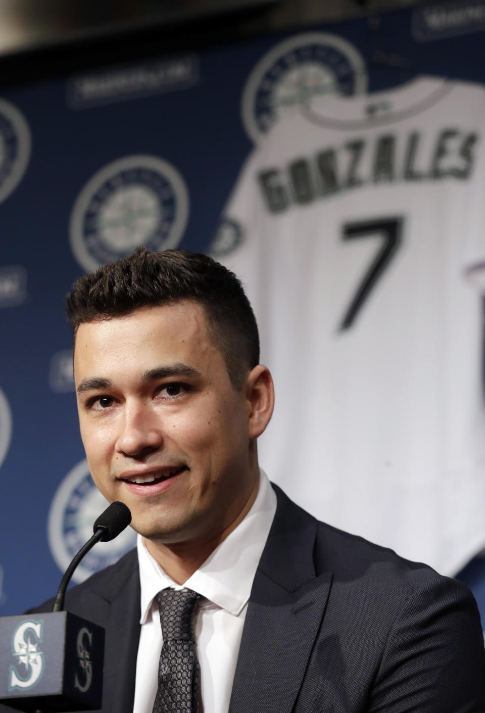 Seattle Mariners pitcher Marco Gonzales addresses a news conference Tuesday, Feb. 4, 2020, in Seattle. Gonzales and the Mariners agreed to a $30 million contract covering 2021-24, a deal that includes a club option and could be worth $45 million over five seasons. Gonzales is coming off the best season of his career. (AP Photo/Elaine Thompson)