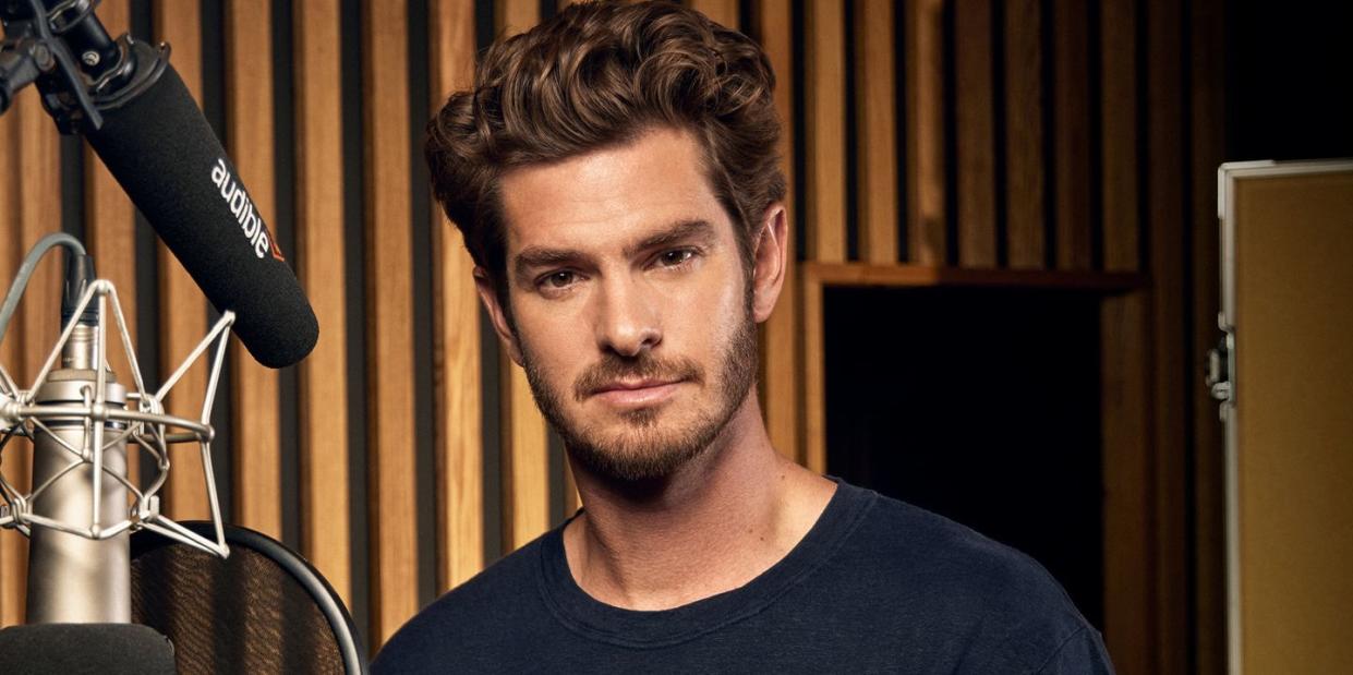 andrew garfield behind the microphone for audible's adaptation of 1984