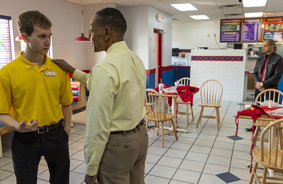 From left: Harrison Thomas as Lyle, Giancarlo Esposito as Gus Fring and Michael Mando as Nacho Varga in Better Call Saul season three, episode four - Credit: Courtesy of Michele K. Short/AMC/Sony Pictures Television