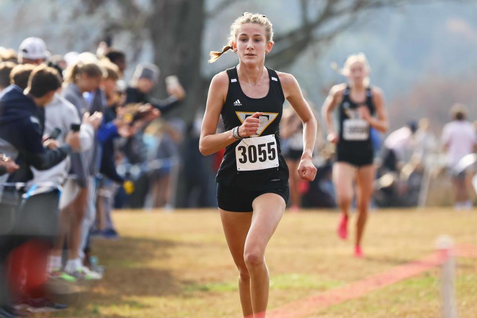 Tatnall Abby Downin finishes the girls division II race at the DIAA Cross Country Championships Saturday, Nov. 11, 2023; at Brandywine Creek State Park in Wilmington, DE.