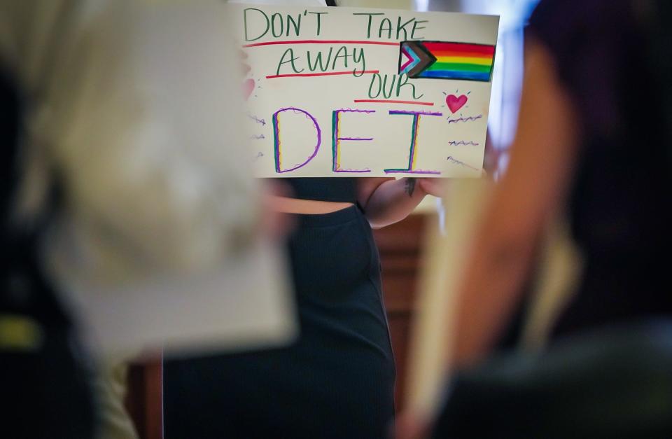 Students who oppose proposed legislation to ban DEI in Texas colleges and universities gathered for a sit-in at the capitol to protect DEI in late March. The Texas Legislature is looking to gut diversity, equity and inclusion programs in colleges and universities in the state.