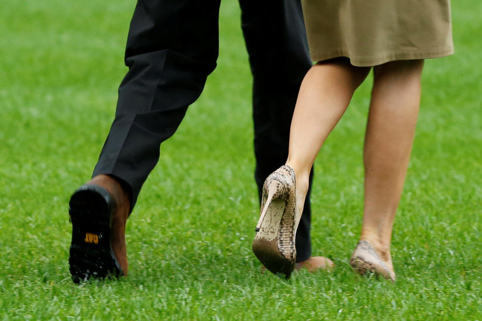 <p>President Donald Trump and first lady Melania Trump walk on South Lawn of the White House in Washington before their departure to view storm damage in Texas, Sept. 2, 2017. (Photo: Yuri Gripas/Reuters) </p>