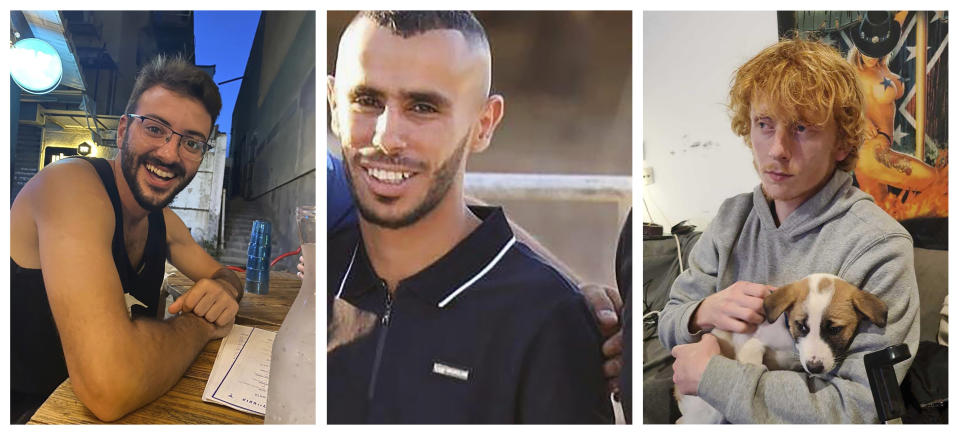 This photo combo shows three hostages who had been abducted from Israeli communities near the Gaza border, from left, Alon Shamriz, Samer Al-Talalka and Yotam Haim. Israeli troops mistakenly shot the three hostages to death Friday, Dec. 15, 2023 in the Gaza City area of Shijaiyah, where troops have been engaged in fierce fighting with Hamas militants. (Courtesy of the Shamriz, Al-Talalka and Haim families via AP)