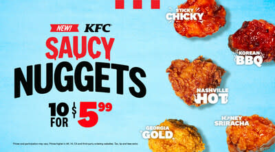 KFC se pone picante y lleva sus nuggets de pollo a un nivel completamente nuevo con los NUEVOS Saucy Nuggets, con cinco sabores disponibles a partir del 1ro de abril en los restaurantes de KFC en todo el país. Elige entre salsas nuevas como Honey Sriracha, Korean BBQ y Sticky Chicky Sweet ‘n Sour Sauce, y dos de las favoritas de los fans, Nashville Hot y Georgia Gold. Por solo $5.99, los amantes de las salsas pueden obtener 10 piezas de los nuevos Saucy Nuggets de KFC en los restaurantes participantes.